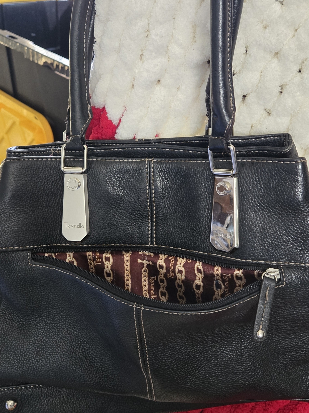 Tignanello Black Leather Shoulder Bag with Silver Hardware
